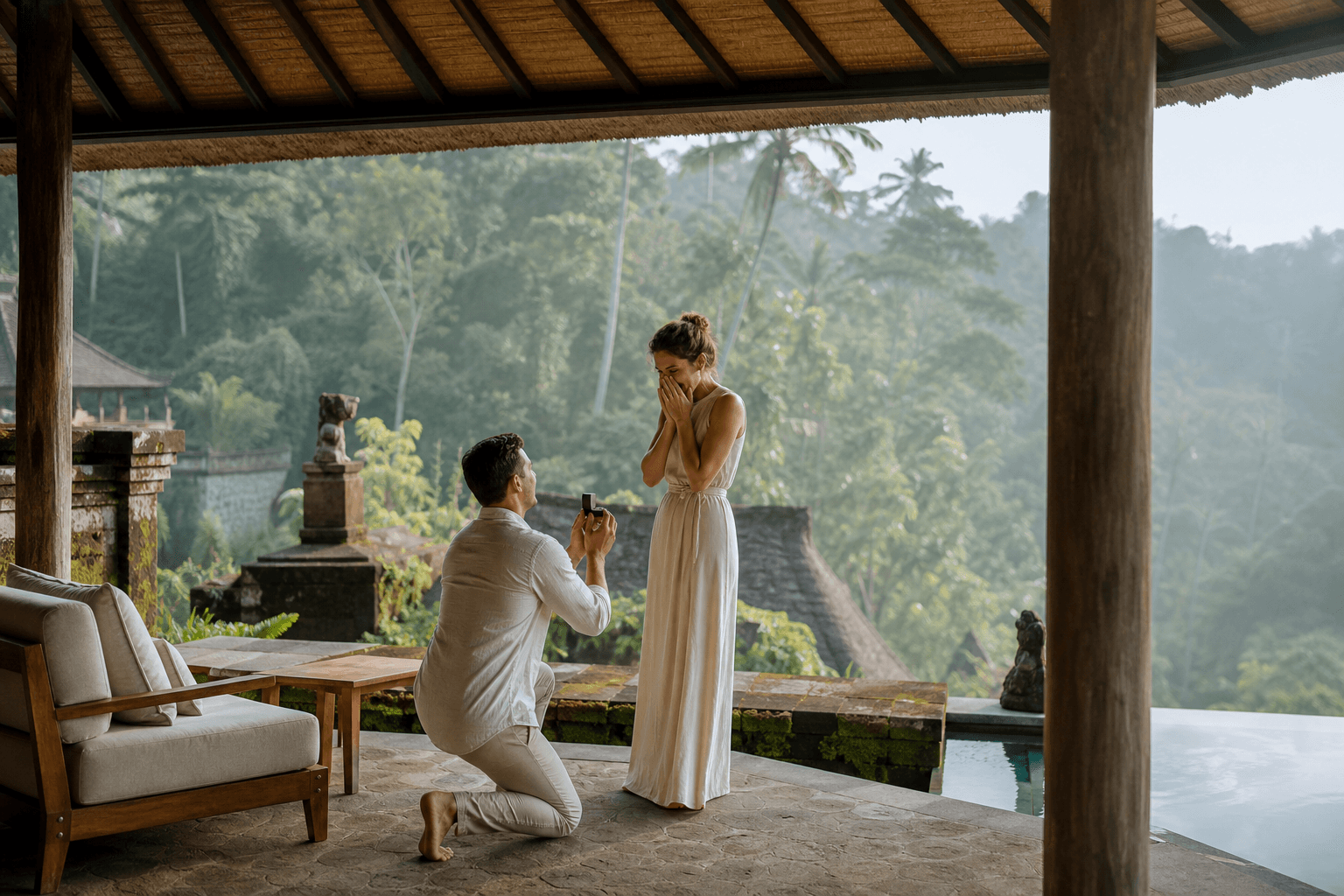 Marriage Proposal in Bali — bespoke floral styling, champagne celebration, and romantic detail