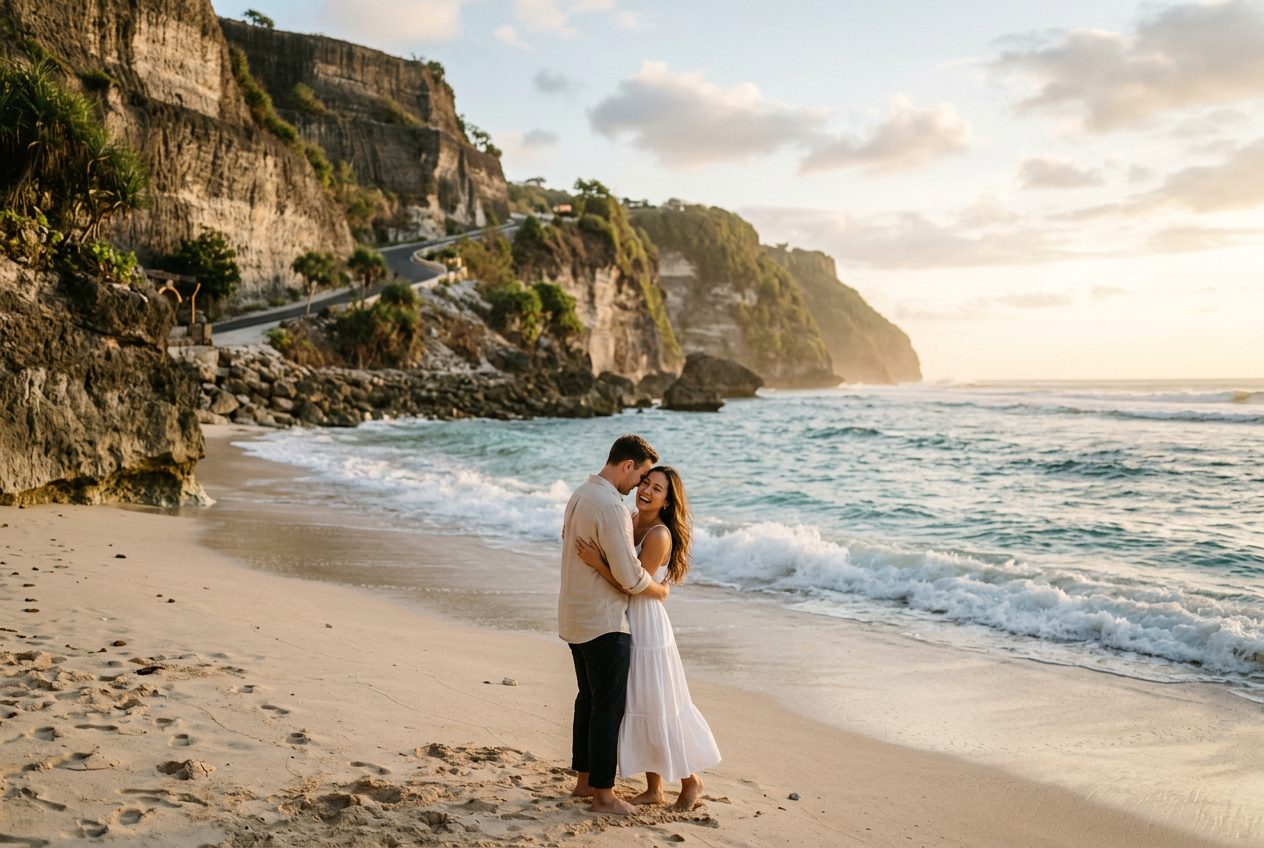 Melasti Beach in Bali — a romantic spot to propose (white-sand cove below limestone cliffs on the Bukit)