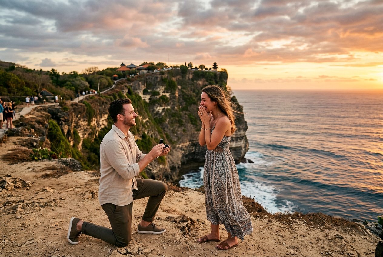 Marriage proposal at Uluwatu clifftop in Bali at sunset