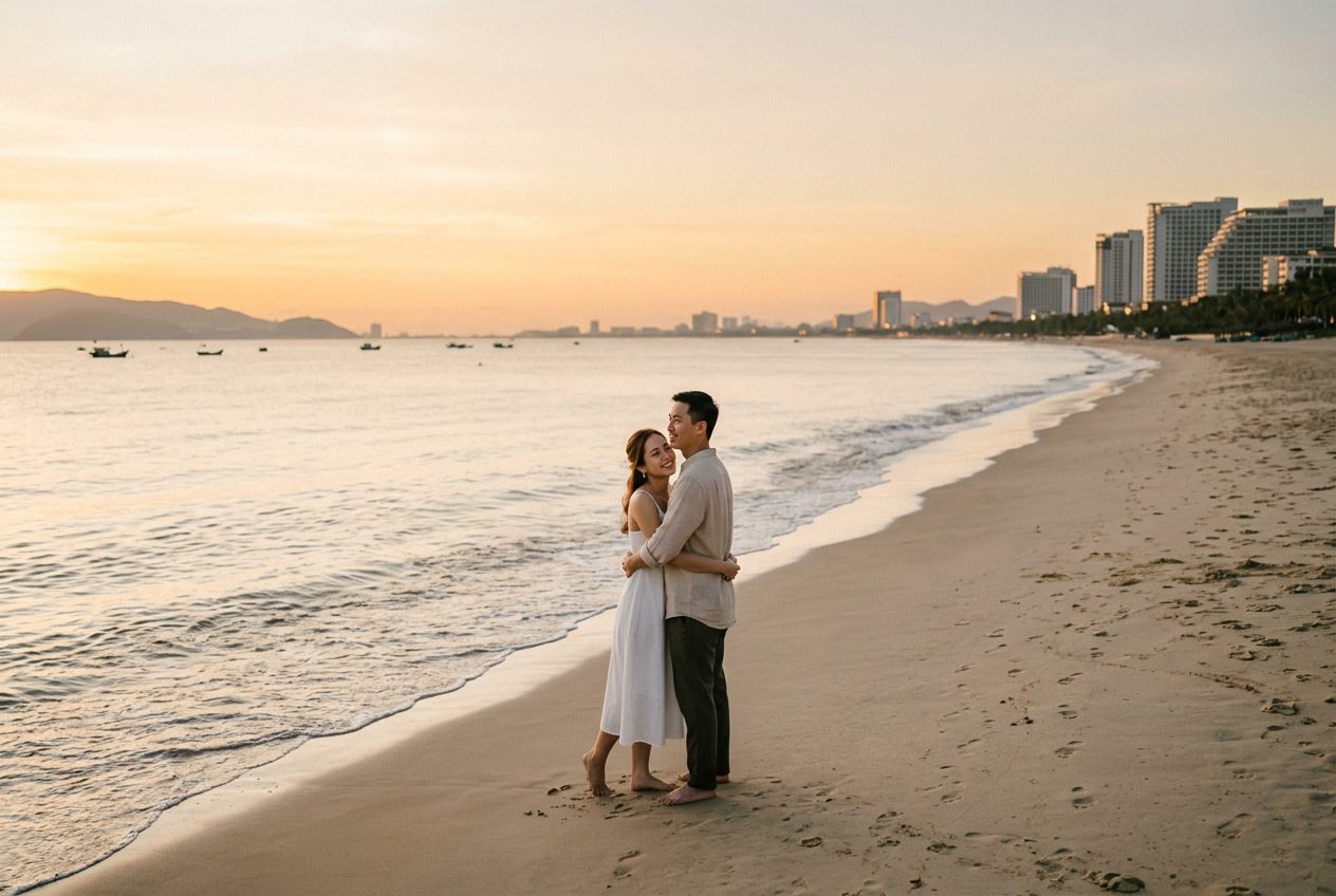 My Khe Beach (south end) in Da Nang — a romantic spot to propose (long east-facing beach, sunrise light, quiet below the resorts)