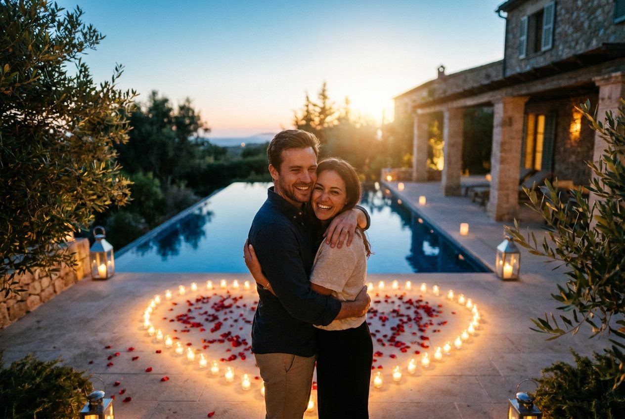 A candle-lit proposal setup at dusk