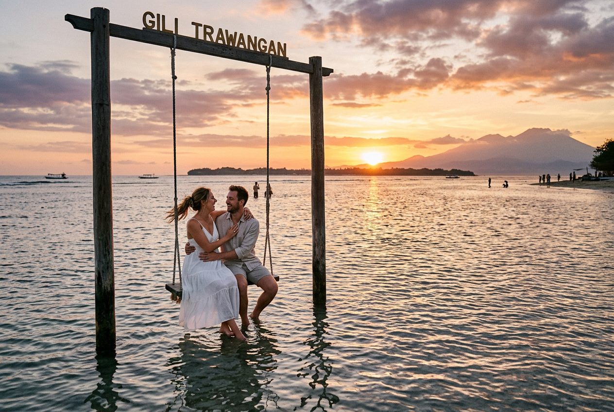 Gili Trawangan sunset swings in Gili Islands — a romantic spot to propose (the famous over-water swings on the west coast)