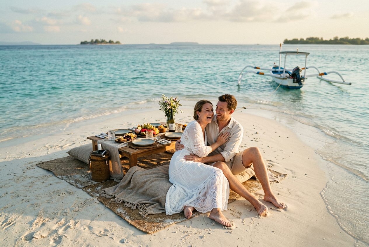Sandbar picnic — a proposal scenario we plan in Gili Islands