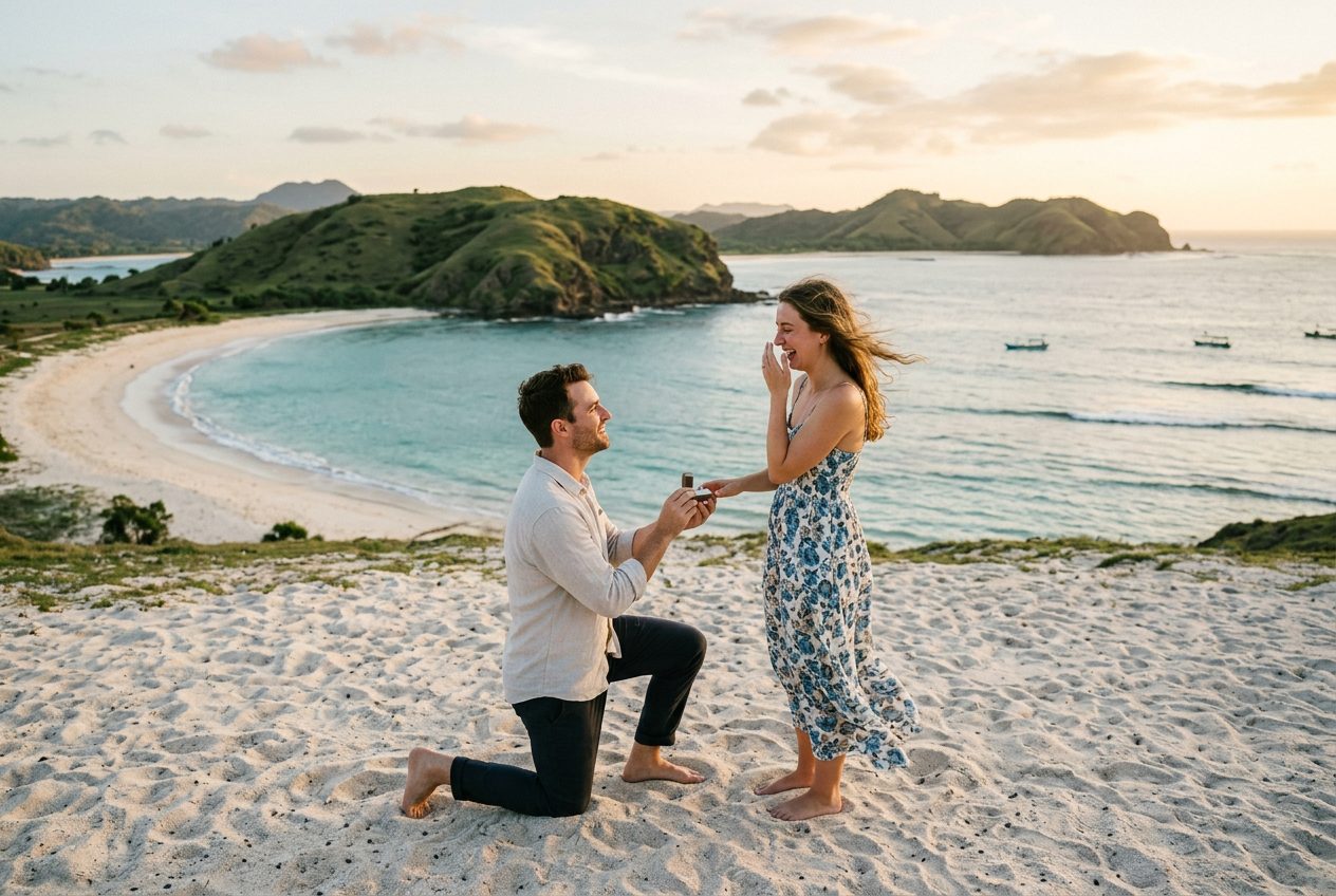 Marriage proposal at Tanjung Aan in Lombok at sunset