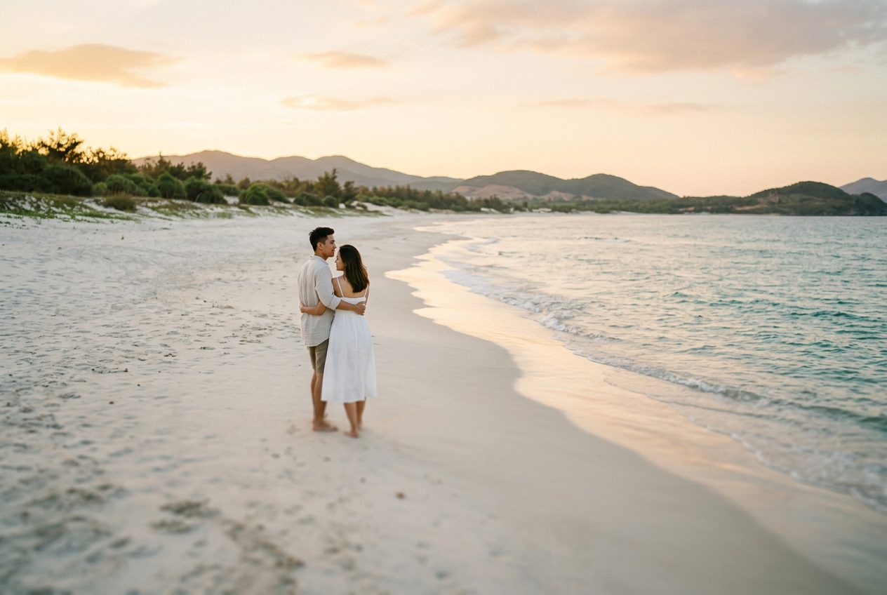 Bai Dai (Long Beach), Cam Ranh in Nha Trang — a romantic spot to propose (long quiet white-sand beach south of the airport)