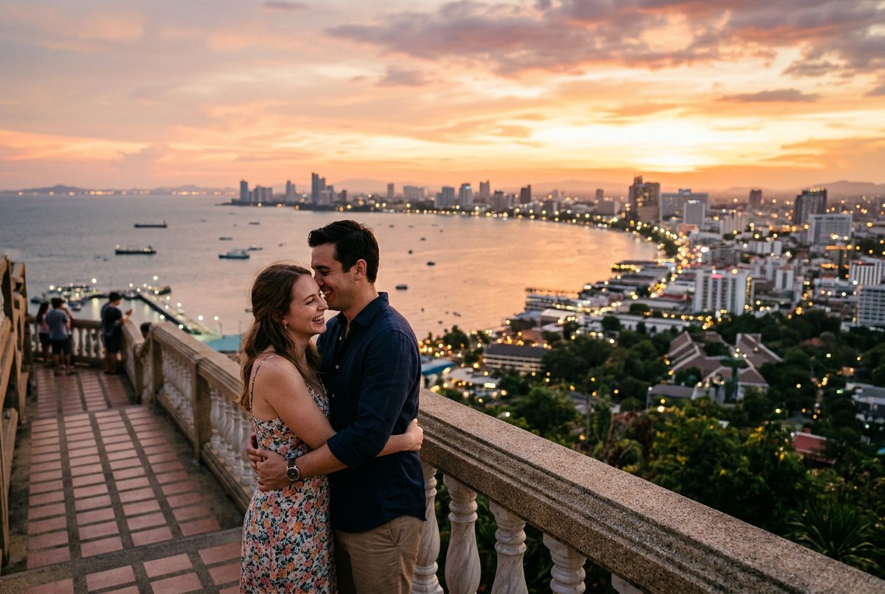 Pratumnak Hill viewpoint in Pattaya — a romantic spot to propose (sunset panorama over the bay and city lights)