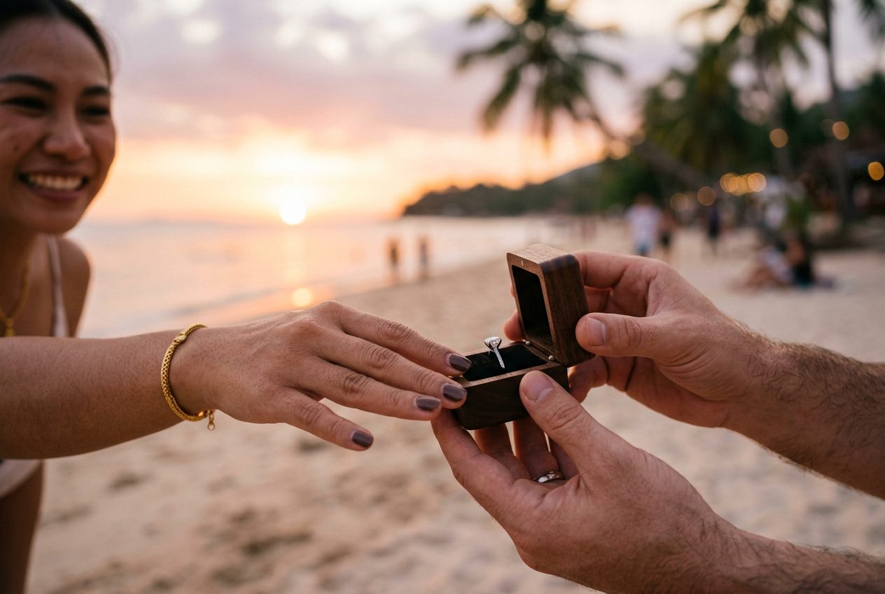 Engagement ring at the moment of a proposal in Koh Phangan