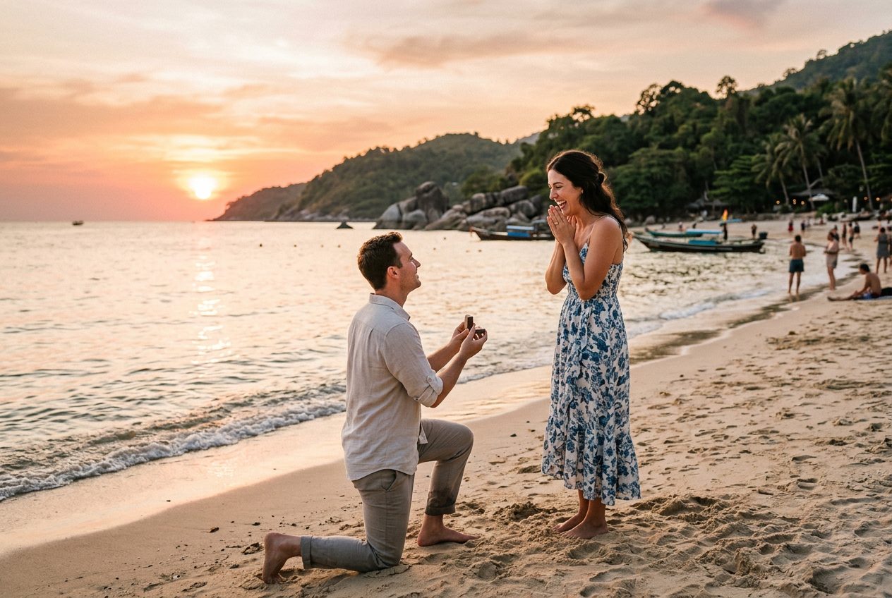 Marriage proposal at Zen Beach (Haad Yao south) in Koh Phangan at sunset