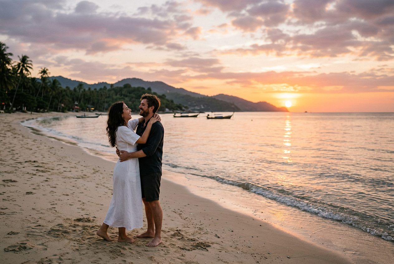 Zen Beach (Haad Yao south) in Koh Phangan — a romantic spot to propose (west-facing, famous soft sunsets over the Gulf)