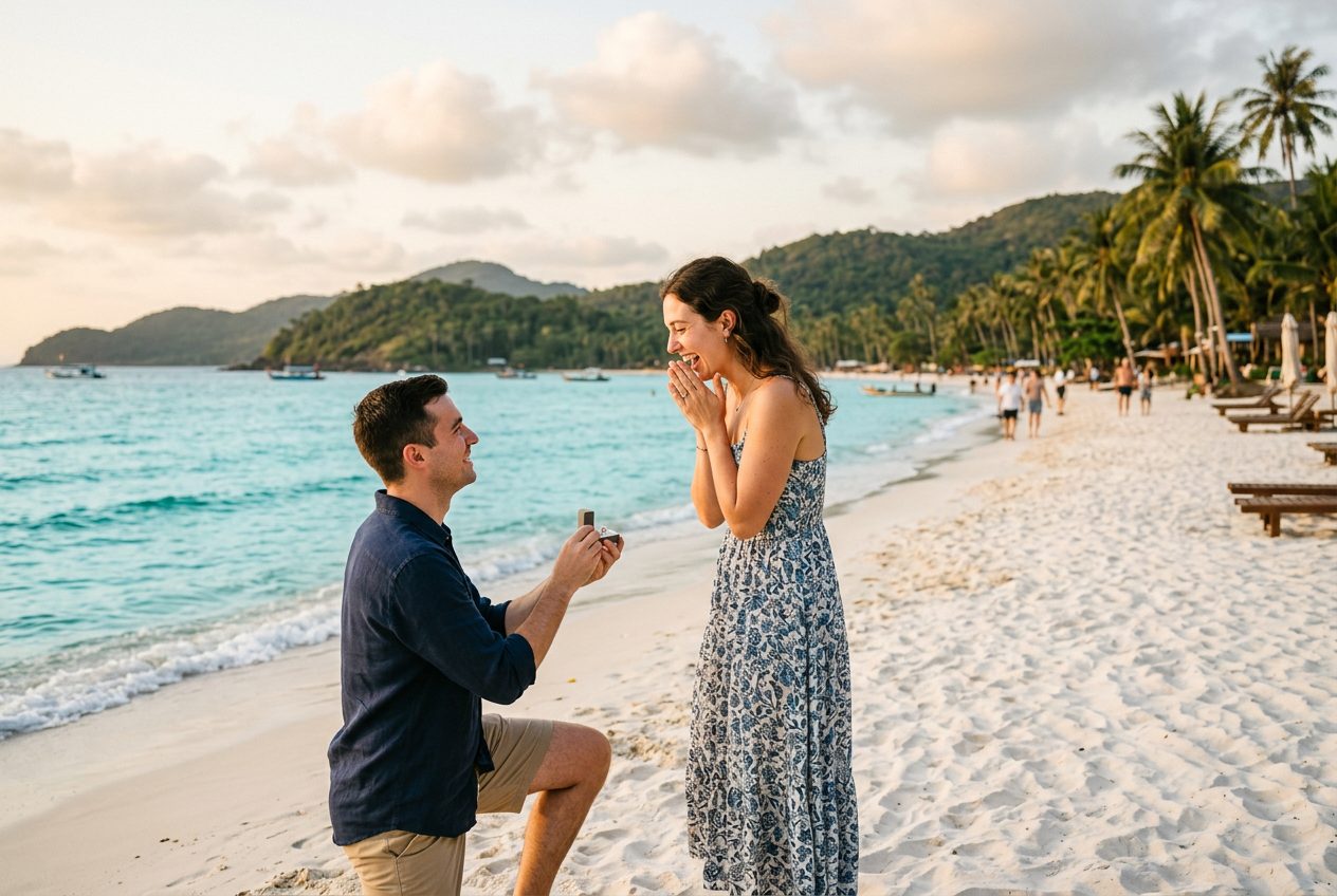 Marriage proposal at Sao Beach (Bai Sao) in Phu Quoc at sunset