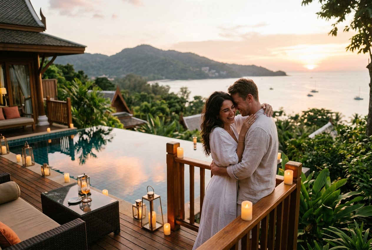 Private pool villa, Kamala in Phuket — a romantic spot to propose (candle-lit terrace, full privacy for the moment)