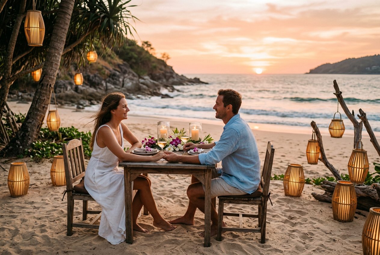 Private beach dinner, Kata Noi — a proposal scenario we plan in Phuket