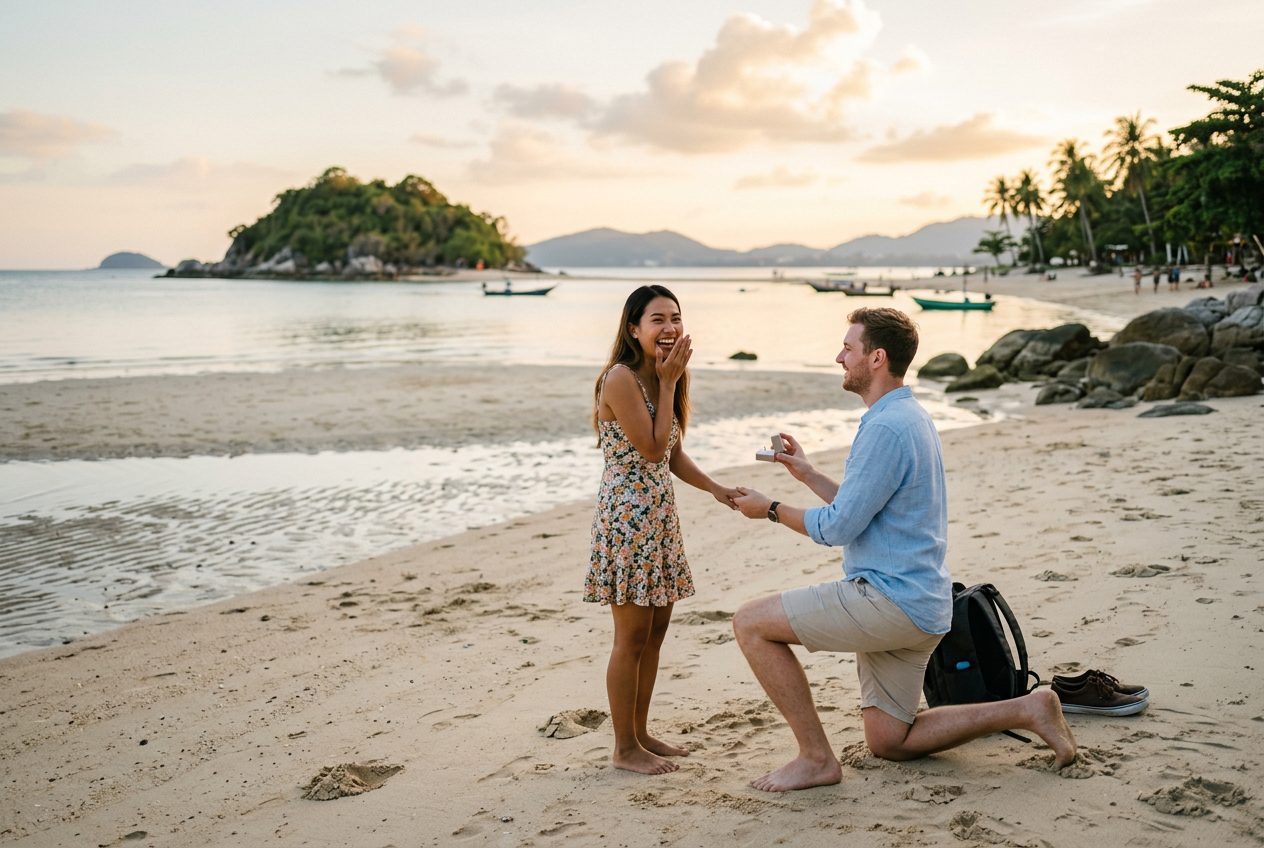 Marriage proposal at Choeng Mon Beach in Koh Samui at sunset