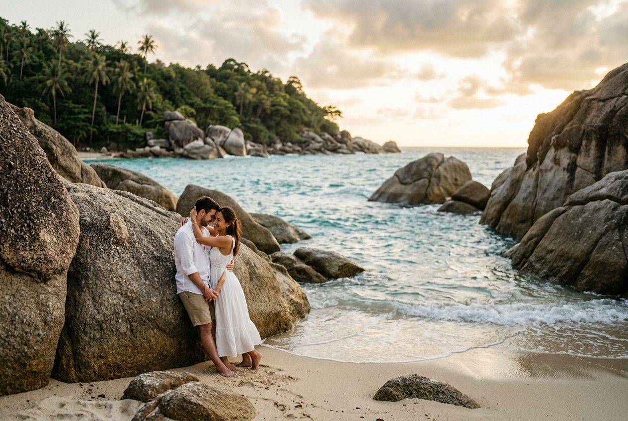 Silver Beach (Crystal Bay) in Koh Samui — a romantic spot to propose (boulder-framed cove, very private at the south end)